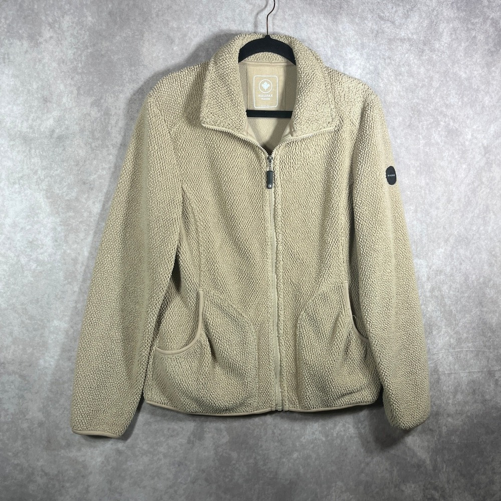 Halifax Traders Jacket Womens Size Large Beige Fleece Full Zip Mock Neck Cozy